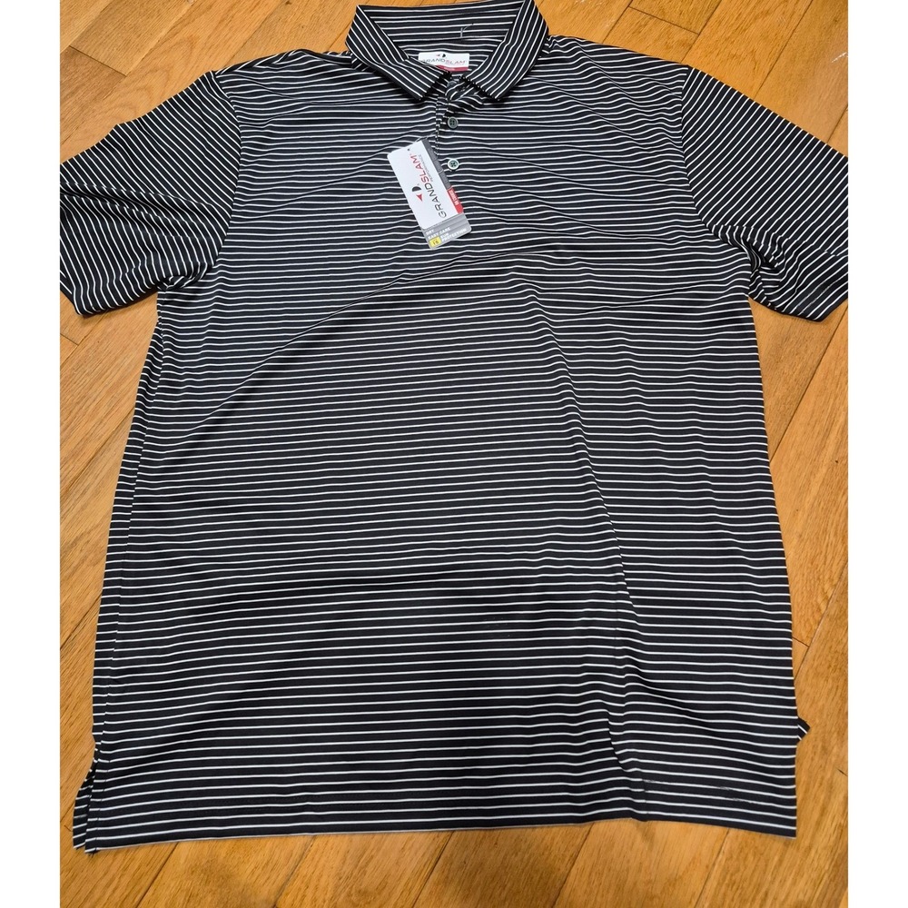 Grand Slam Performance Mens Black White Striped Golf Polo Shirt UPF 15 Large NWT